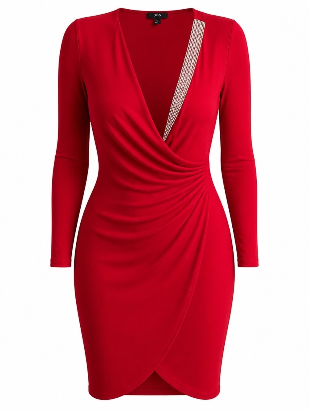 J.B.S. Bright Red Draped V-Neck Dress with Rhinestone Trim